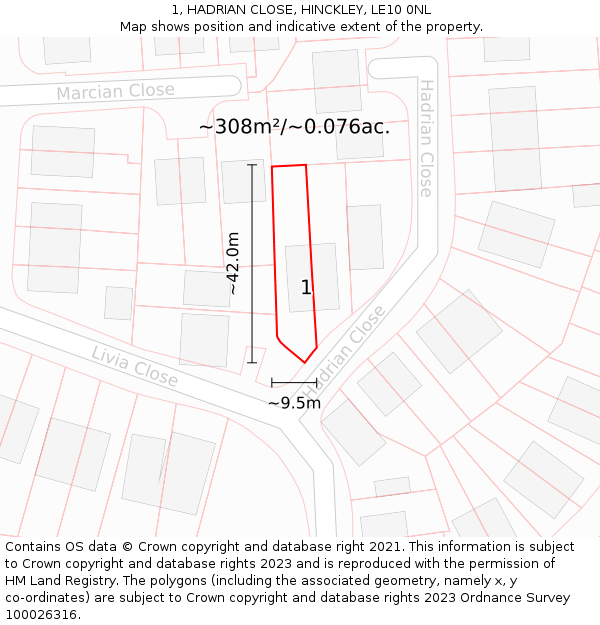 1, HADRIAN CLOSE, HINCKLEY, LE10 0NL: Plot and title map