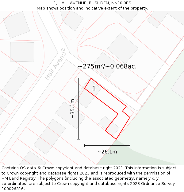 1, HALL AVENUE, RUSHDEN, NN10 9ES: Plot and title map