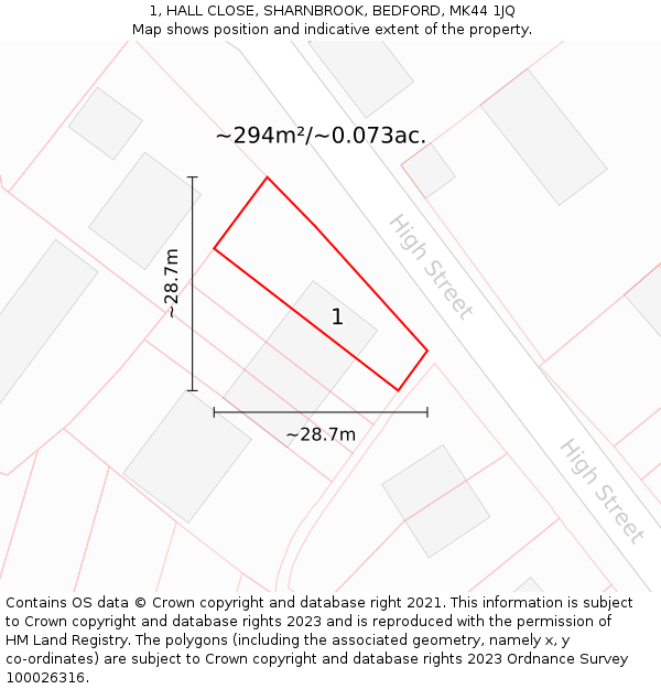 1, HALL CLOSE, SHARNBROOK, BEDFORD, MK44 1JQ: Plot and title map