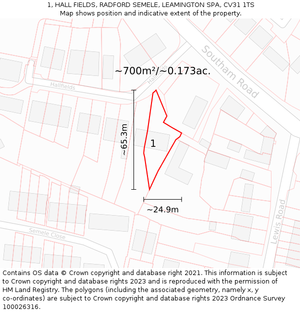 1, HALL FIELDS, RADFORD SEMELE, LEAMINGTON SPA, CV31 1TS: Plot and title map