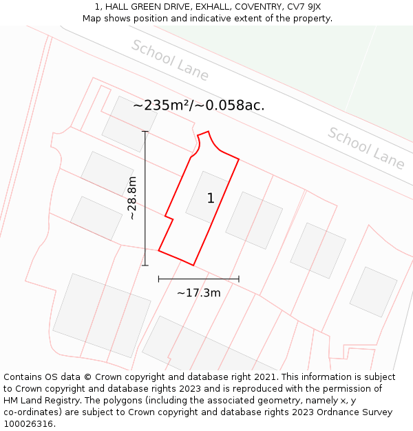 1, HALL GREEN DRIVE, EXHALL, COVENTRY, CV7 9JX: Plot and title map