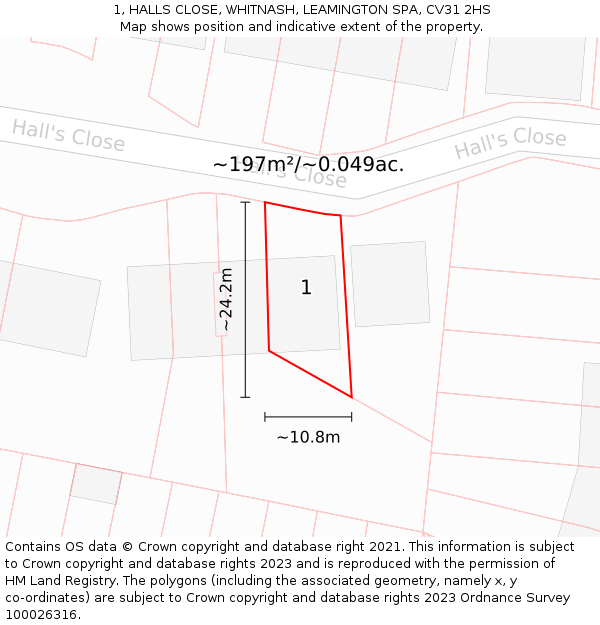 1, HALLS CLOSE, WHITNASH, LEAMINGTON SPA, CV31 2HS: Plot and title map