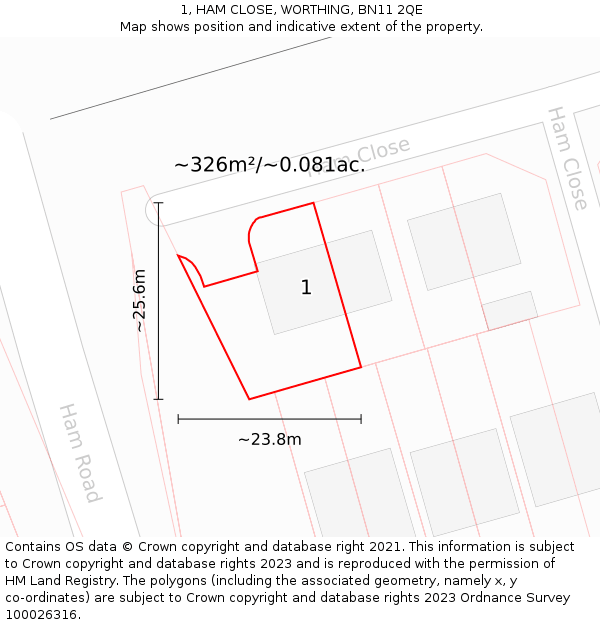 1, HAM CLOSE, WORTHING, BN11 2QE: Plot and title map