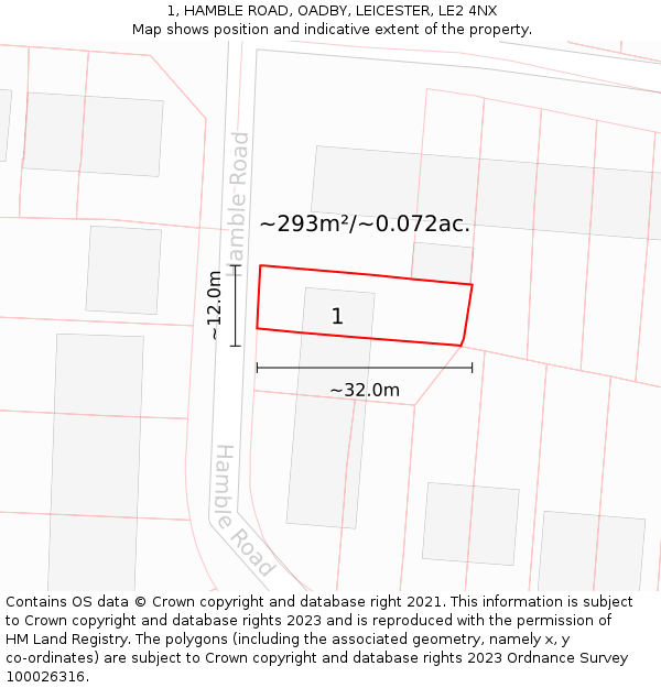 1, HAMBLE ROAD, OADBY, LEICESTER, LE2 4NX: Plot and title map