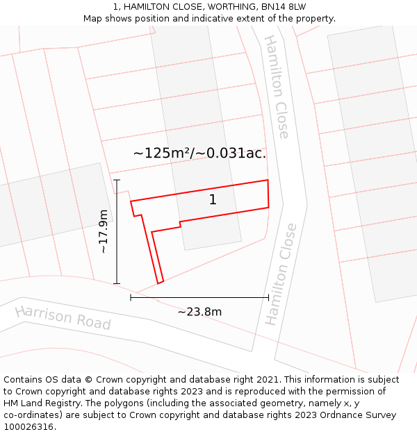 1, HAMILTON CLOSE, WORTHING, BN14 8LW: Plot and title map