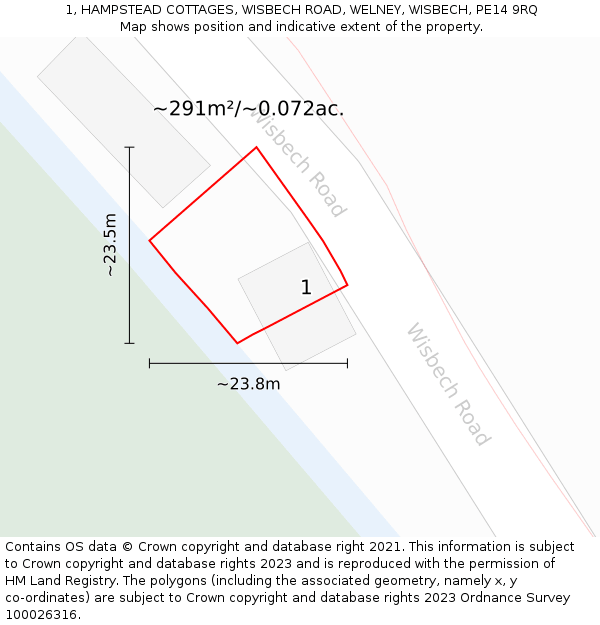 1, HAMPSTEAD COTTAGES, WISBECH ROAD, WELNEY, WISBECH, PE14 9RQ: Plot and title map