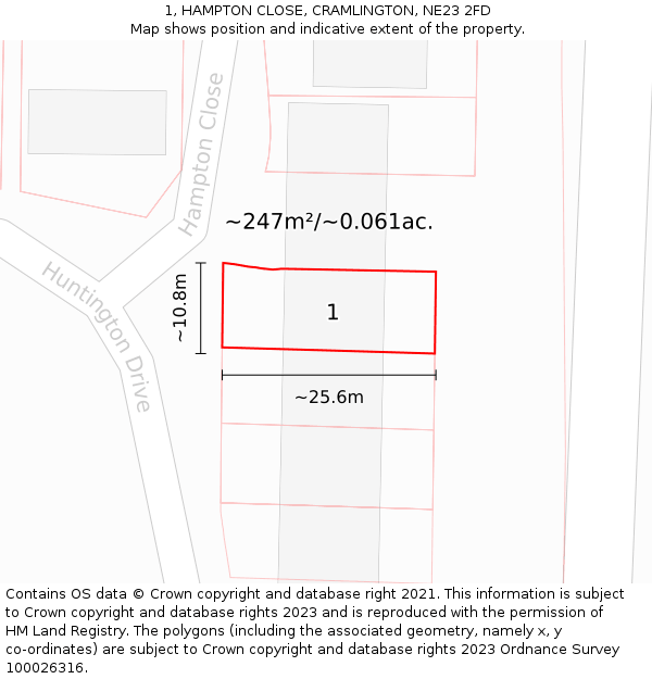 1, HAMPTON CLOSE, CRAMLINGTON, NE23 2FD: Plot and title map
