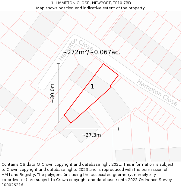 1, HAMPTON CLOSE, NEWPORT, TF10 7RB: Plot and title map