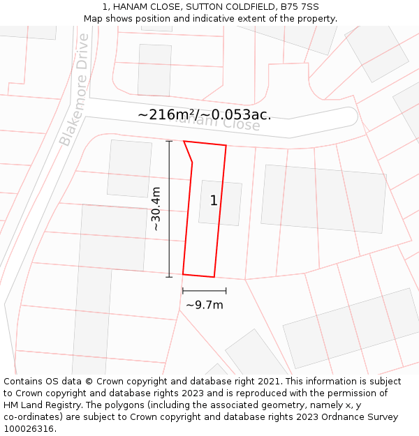 1, HANAM CLOSE, SUTTON COLDFIELD, B75 7SS: Plot and title map