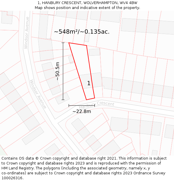 1, HANBURY CRESCENT, WOLVERHAMPTON, WV4 4BW: Plot and title map