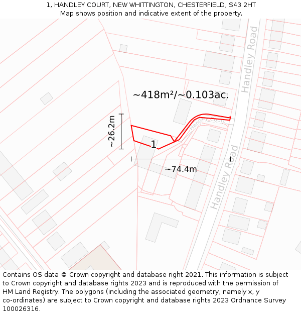 1, HANDLEY COURT, NEW WHITTINGTON, CHESTERFIELD, S43 2HT: Plot and title map