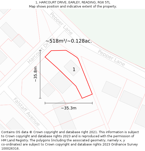 1, HARCOURT DRIVE, EARLEY, READING, RG6 5TL: Plot and title map