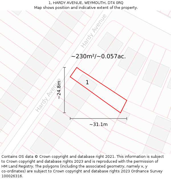 1, HARDY AVENUE, WEYMOUTH, DT4 0RQ: Plot and title map