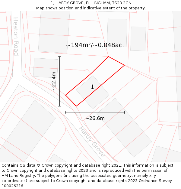 1, HARDY GROVE, BILLINGHAM, TS23 3GN: Plot and title map