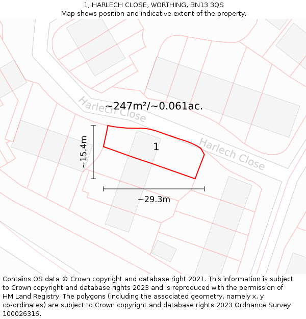 1, HARLECH CLOSE, WORTHING, BN13 3QS: Plot and title map
