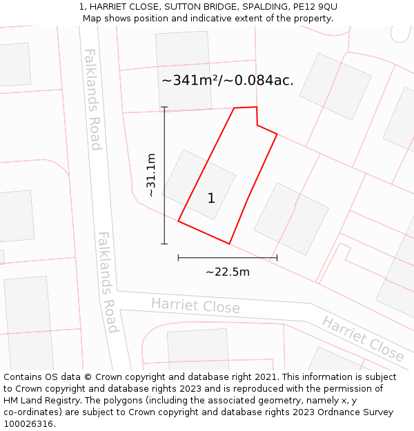 1, HARRIET CLOSE, SUTTON BRIDGE, SPALDING, PE12 9QU: Plot and title map