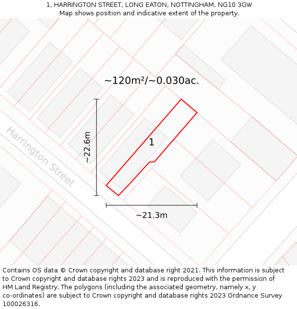 1, HARRINGTON STREET, LONG EATON, NOTTINGHAM, NG10 3GW: Plot and title map
