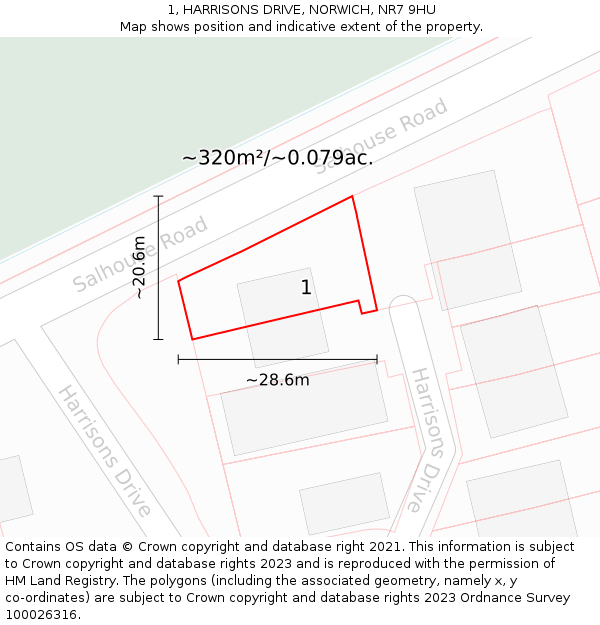 1, HARRISONS DRIVE, NORWICH, NR7 9HU: Plot and title map