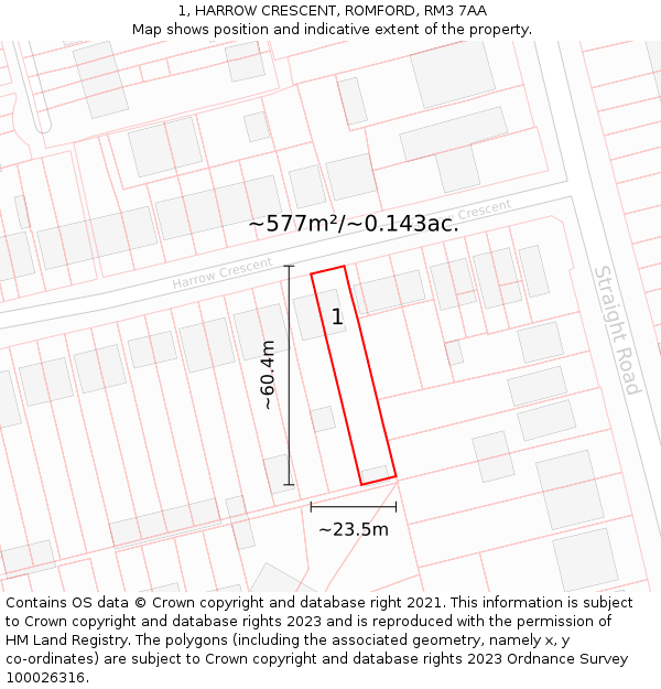 1, HARROW CRESCENT, ROMFORD, RM3 7AA: Plot and title map