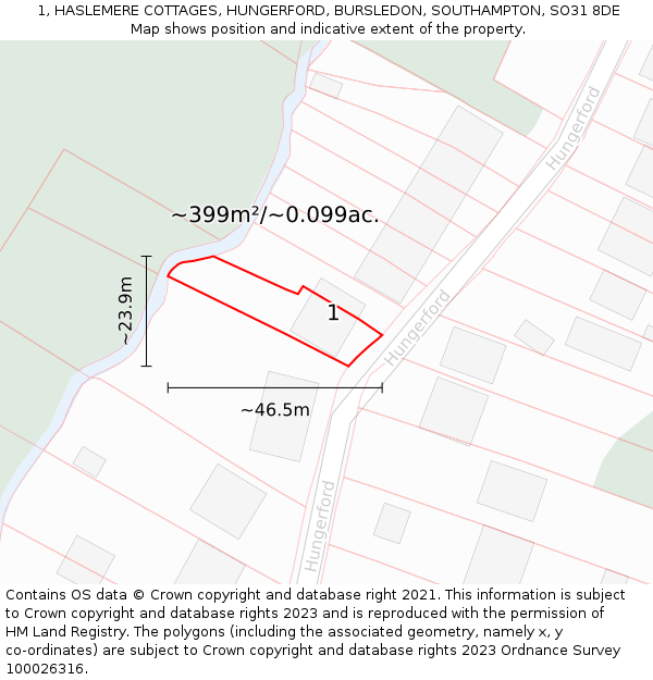 1, HASLEMERE COTTAGES, HUNGERFORD, BURSLEDON, SOUTHAMPTON, SO31 8DE: Plot and title map