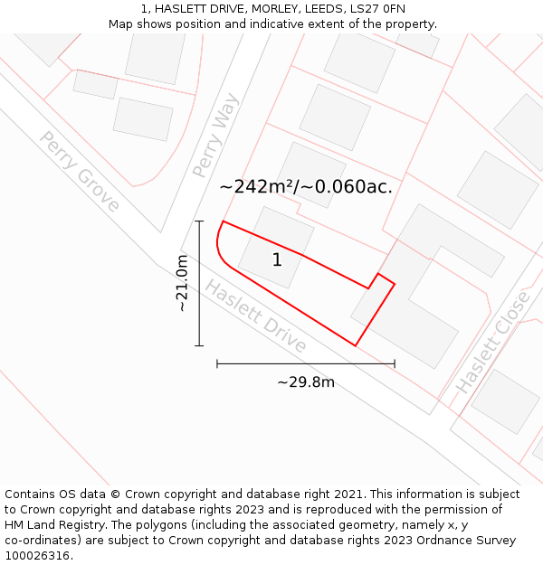 1, HASLETT DRIVE, MORLEY, LEEDS, LS27 0FN: Plot and title map
