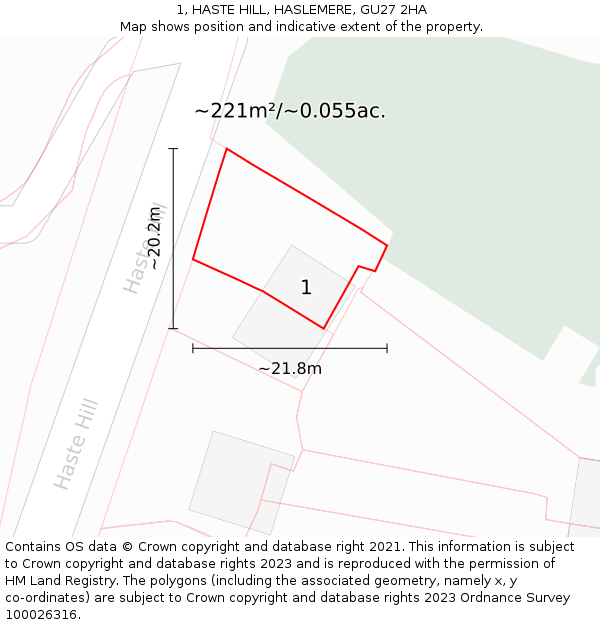 1, HASTE HILL, HASLEMERE, GU27 2HA: Plot and title map