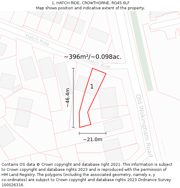 1, HATCH RIDE, CROWTHORNE, RG45 6LF: Plot and title map