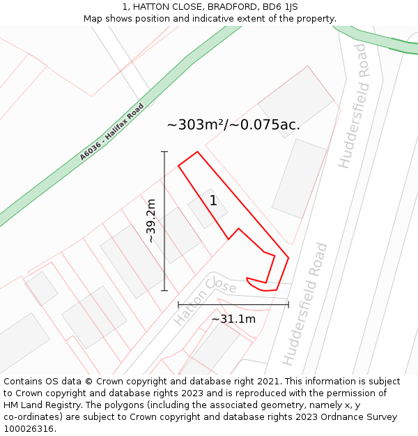 1, HATTON CLOSE, BRADFORD, BD6 1JS: Plot and title map