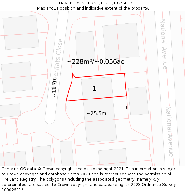 1, HAVERFLATS CLOSE, HULL, HU5 4GB: Plot and title map