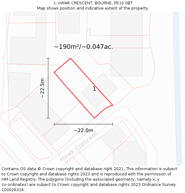 1, HAWK CRESCENT, BOURNE, PE10 0BT: Plot and title map
