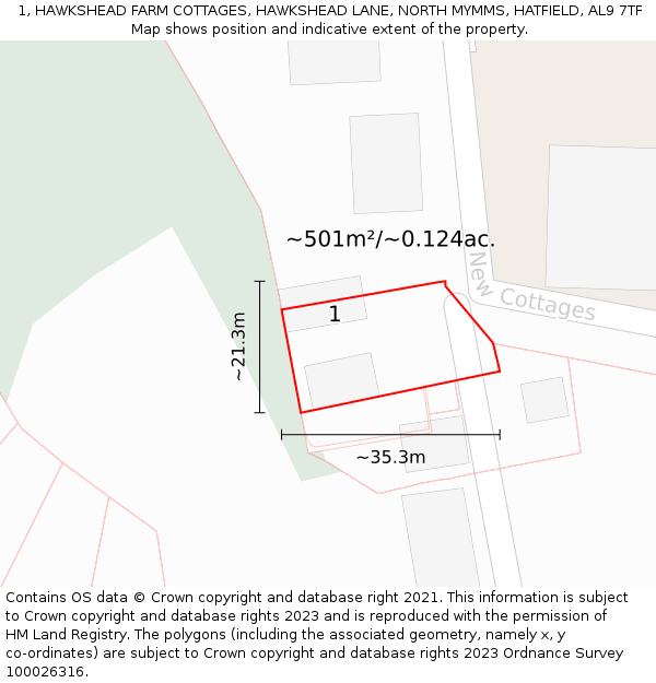 1, HAWKSHEAD FARM COTTAGES, HAWKSHEAD LANE, NORTH MYMMS, HATFIELD, AL9 7TF: Plot and title map