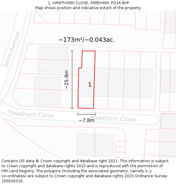 1, HAWTHORN CLOSE, FAREHAM, PO16 8HF: Plot and title map