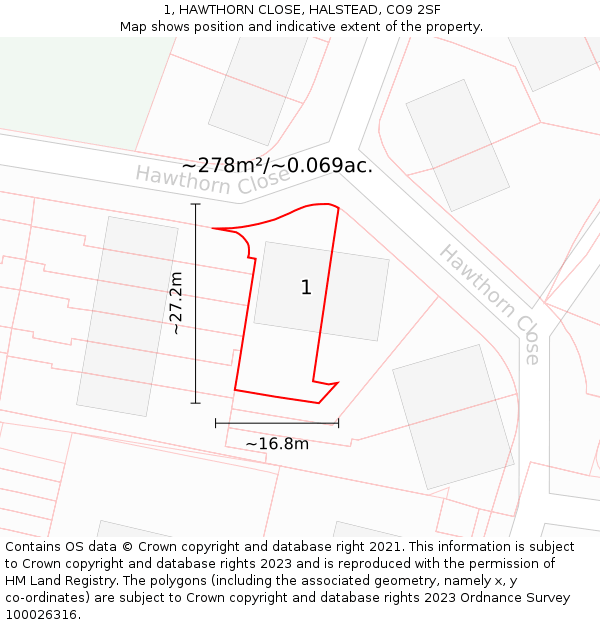 1, HAWTHORN CLOSE, HALSTEAD, CO9 2SF: Plot and title map