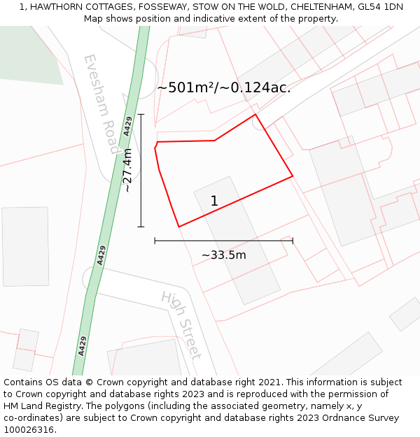 1, HAWTHORN COTTAGES, FOSSEWAY, STOW ON THE WOLD, CHELTENHAM, GL54 1DN: Plot and title map