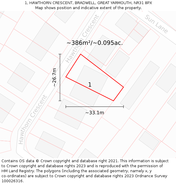 1, HAWTHORN CRESCENT, BRADWELL, GREAT YARMOUTH, NR31 8PX: Plot and title map