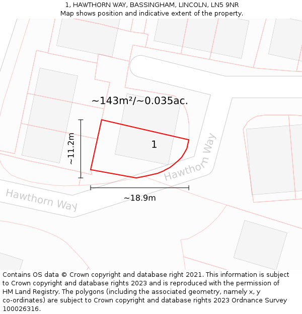 1, HAWTHORN WAY, BASSINGHAM, LINCOLN, LN5 9NR: Plot and title map