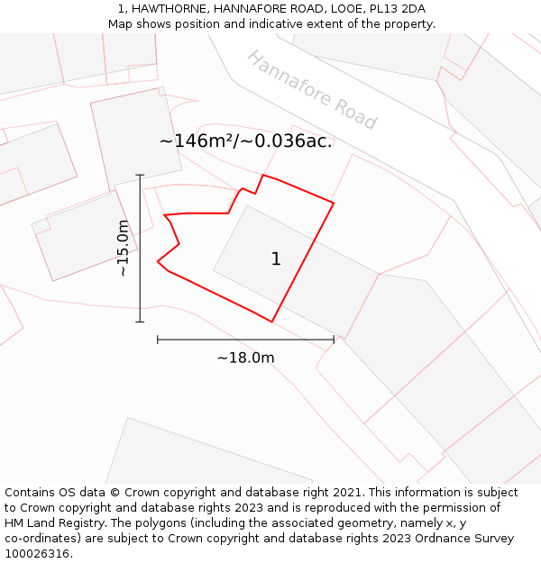 1, HAWTHORNE, HANNAFORE ROAD, LOOE, PL13 2DA: Plot and title map