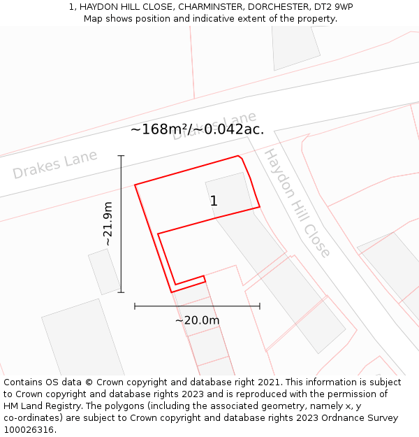 1, HAYDON HILL CLOSE, CHARMINSTER, DORCHESTER, DT2 9WP: Plot and title map