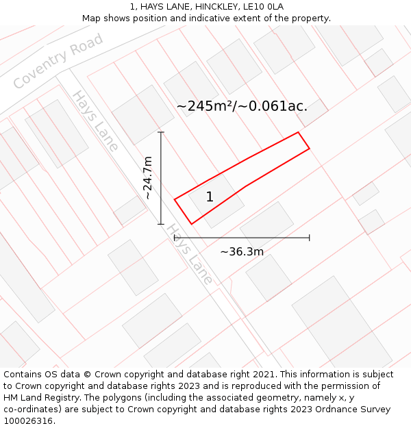 1, HAYS LANE, HINCKLEY, LE10 0LA: Plot and title map