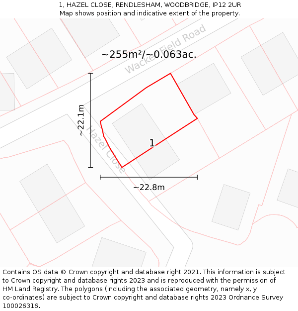 1, HAZEL CLOSE, RENDLESHAM, WOODBRIDGE, IP12 2UR: Plot and title map