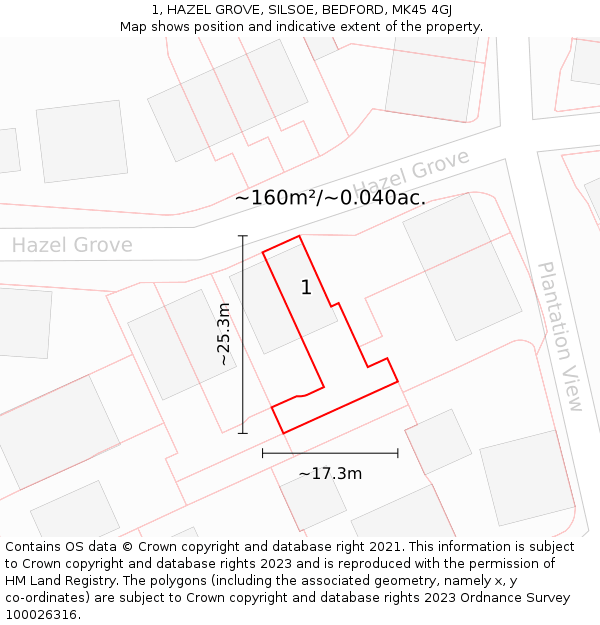 1, HAZEL GROVE, SILSOE, BEDFORD, MK45 4GJ: Plot and title map