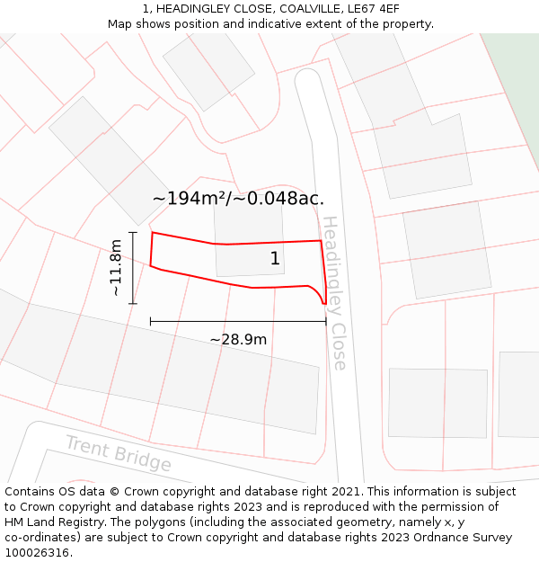 1, HEADINGLEY CLOSE, COALVILLE, LE67 4EF: Plot and title map