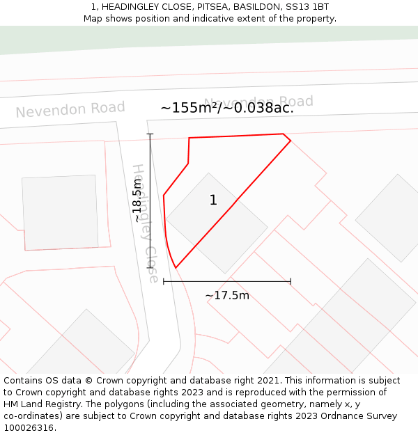1, HEADINGLEY CLOSE, PITSEA, BASILDON, SS13 1BT: Plot and title map