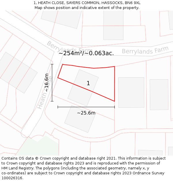 1, HEATH CLOSE, SAYERS COMMON, HASSOCKS, BN6 9XL: Plot and title map