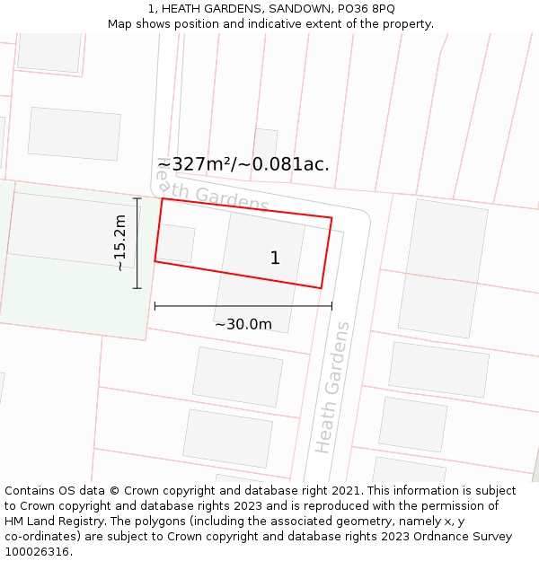 1, HEATH GARDENS, SANDOWN, PO36 8PQ: Plot and title map