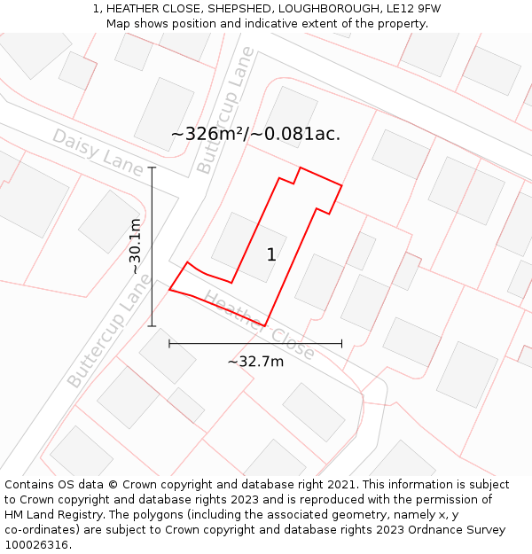 1, HEATHER CLOSE, SHEPSHED, LOUGHBOROUGH, LE12 9FW: Plot and title map