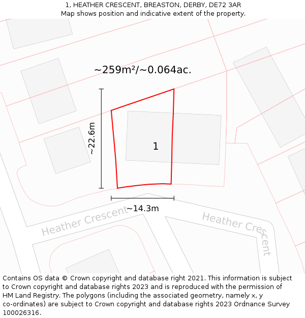 1, HEATHER CRESCENT, BREASTON, DERBY, DE72 3AR: Plot and title map