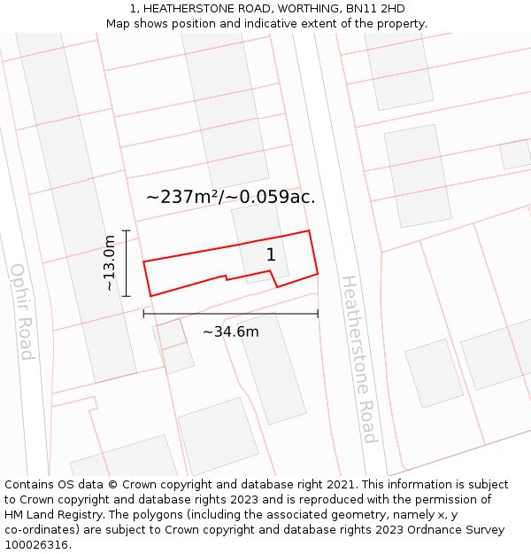 1, HEATHERSTONE ROAD, WORTHING, BN11 2HD: Plot and title map