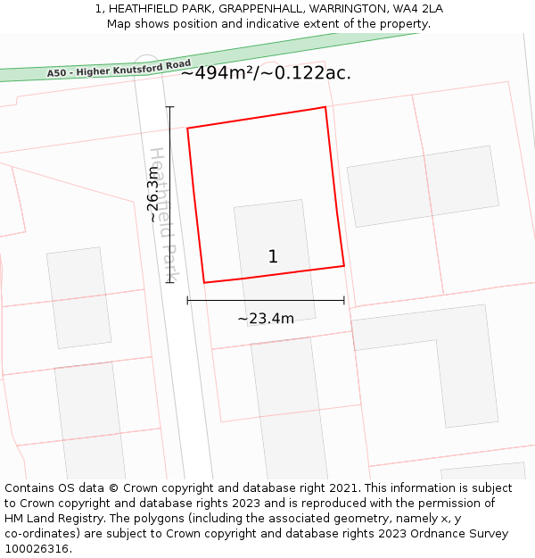 1, HEATHFIELD PARK, GRAPPENHALL, WARRINGTON, WA4 2LA: Plot and title map