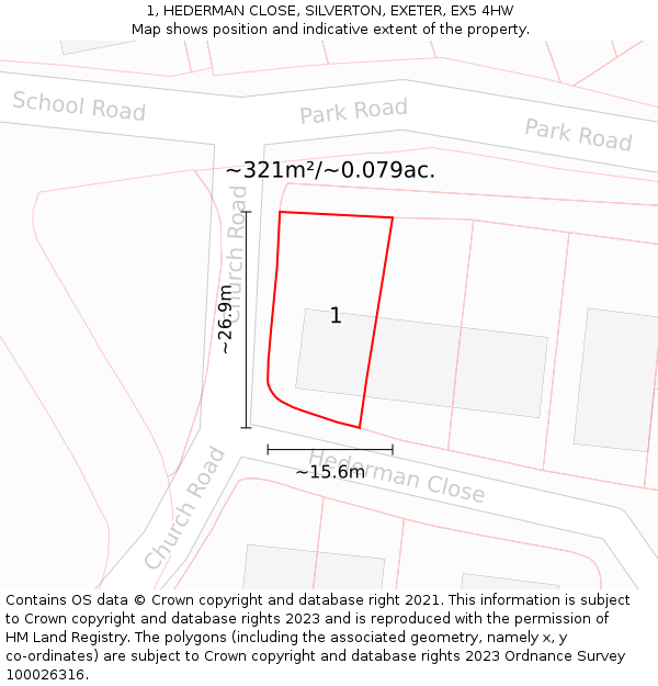 1, HEDERMAN CLOSE, SILVERTON, EXETER, EX5 4HW: Plot and title map
